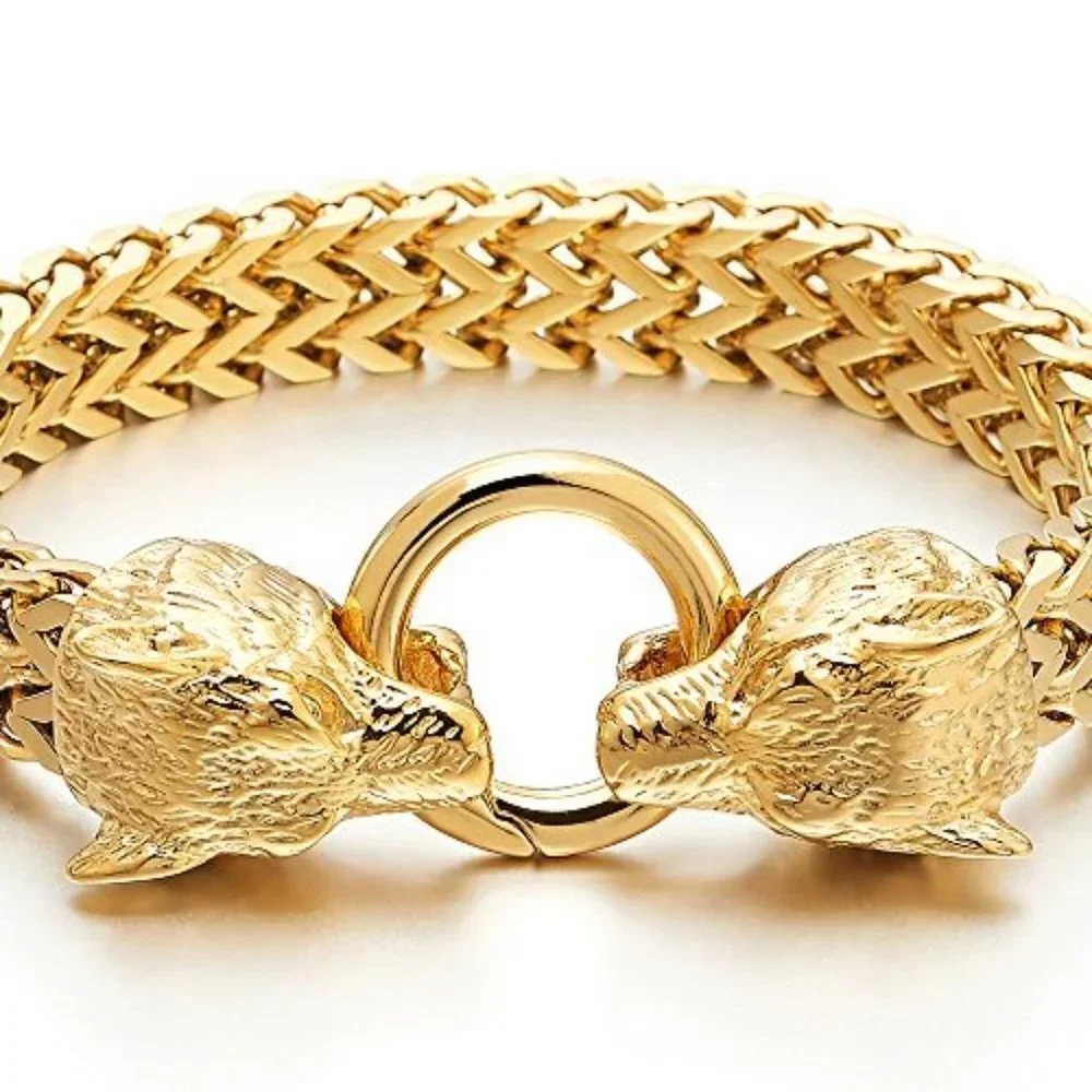 Gold Wolf Head Link Bracelet |Punk Bikers Men Stainless Steel